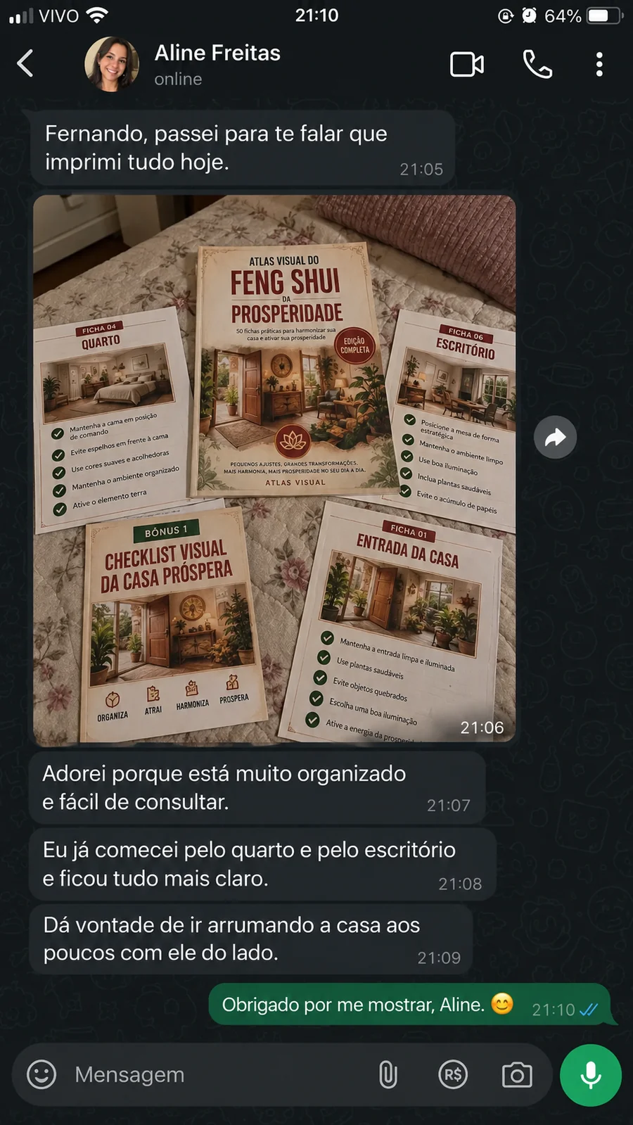 Print de conversa no WhatsApp: relato de Ana Paula sobre o Atlas Visual do Feng Shui da Prosperidade