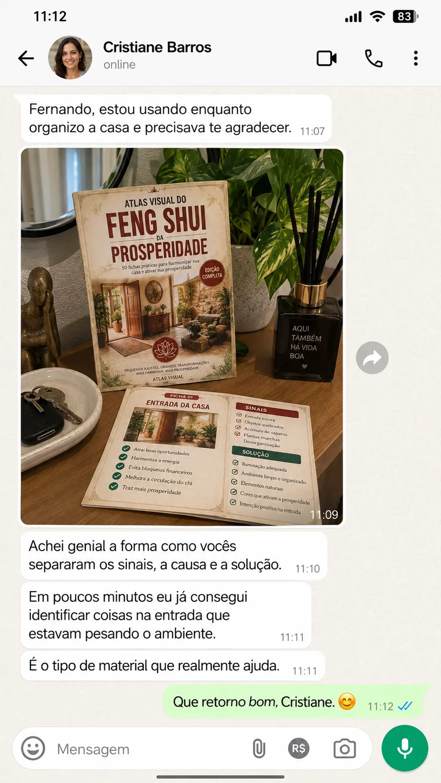 Print de conversa no WhatsApp: relato de Aline Freitas sobre o Atlas Visual do Feng Shui da Prosperidade