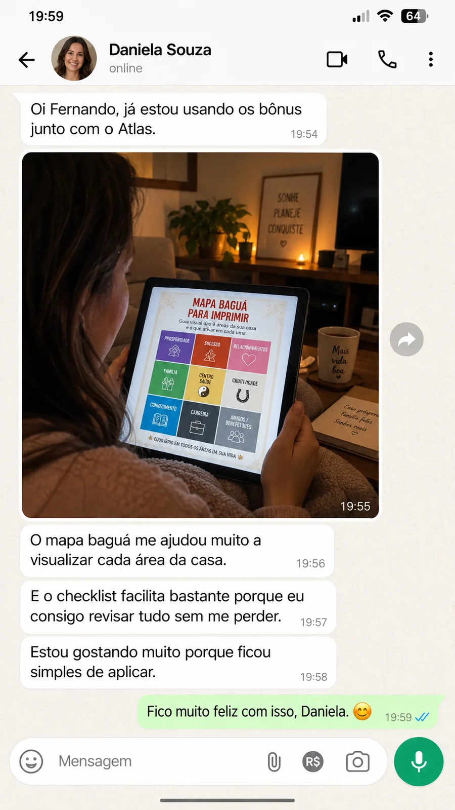 Print de conversa no WhatsApp: relato de Daniela Souza sobre o Atlas Visual do Feng Shui da Prosperidade
