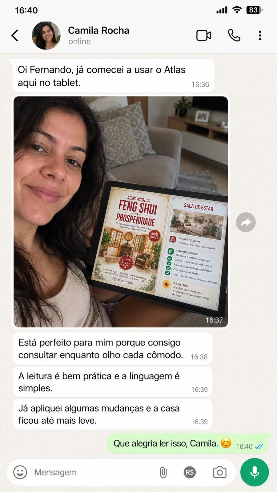 Print de conversa no WhatsApp: relato de Camila Rocha sobre o Atlas Visual do Feng Shui da Prosperidade