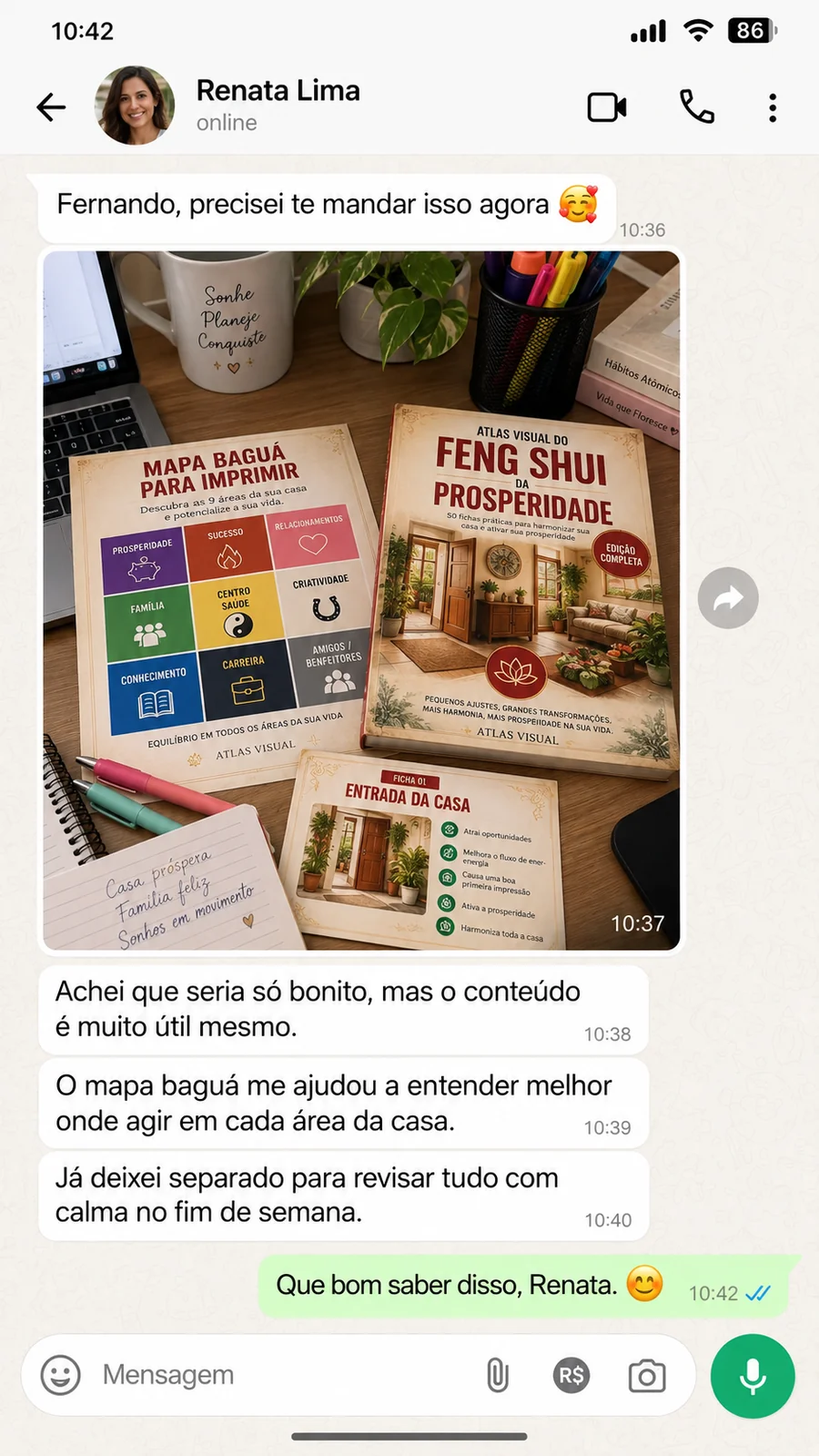 Print de conversa no WhatsApp: relato de Renata Lima sobre o Atlas Visual do Feng Shui da Prosperidade