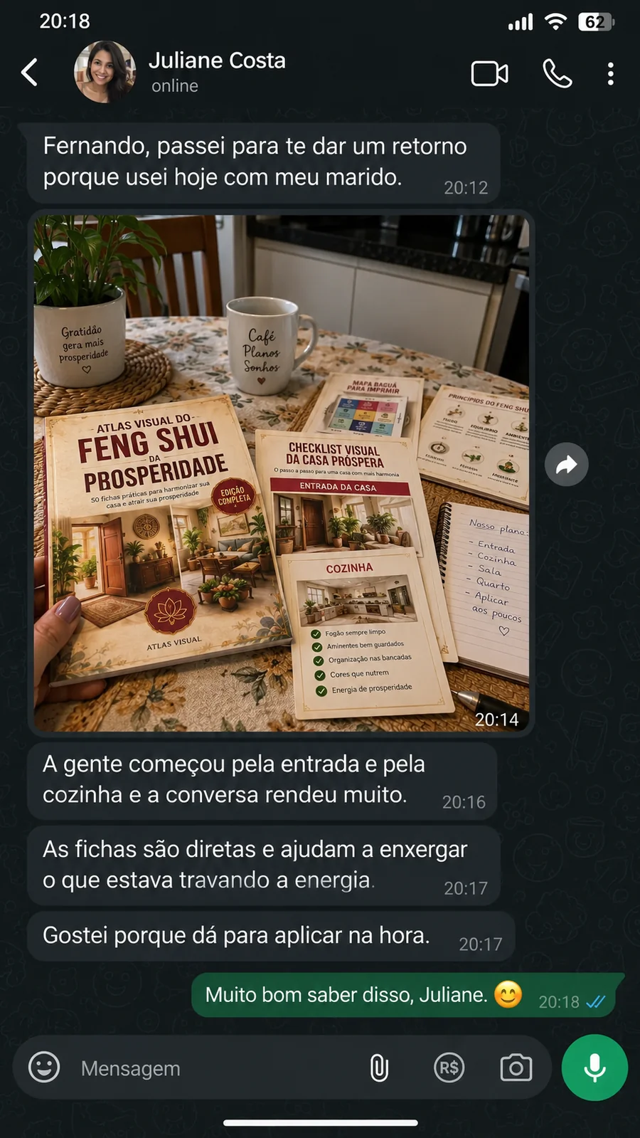 Print de conversa no WhatsApp: relato de Juliane Costa sobre o Atlas Visual do Feng Shui da Prosperidade