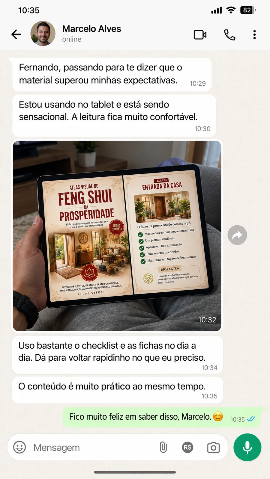 Print de conversa no WhatsApp: relato de Marcelo Alves sobre o Atlas Visual do Feng Shui da Prosperidade