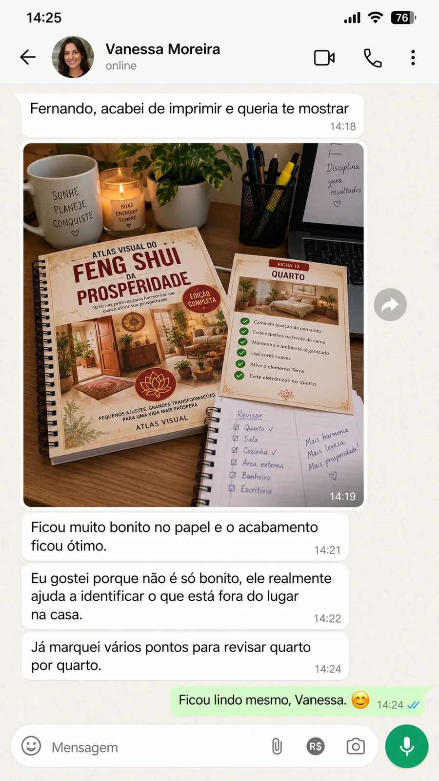 Print de conversa no WhatsApp: relato de Vanessa Moreira sobre o Atlas Visual do Feng Shui da Prosperidade
