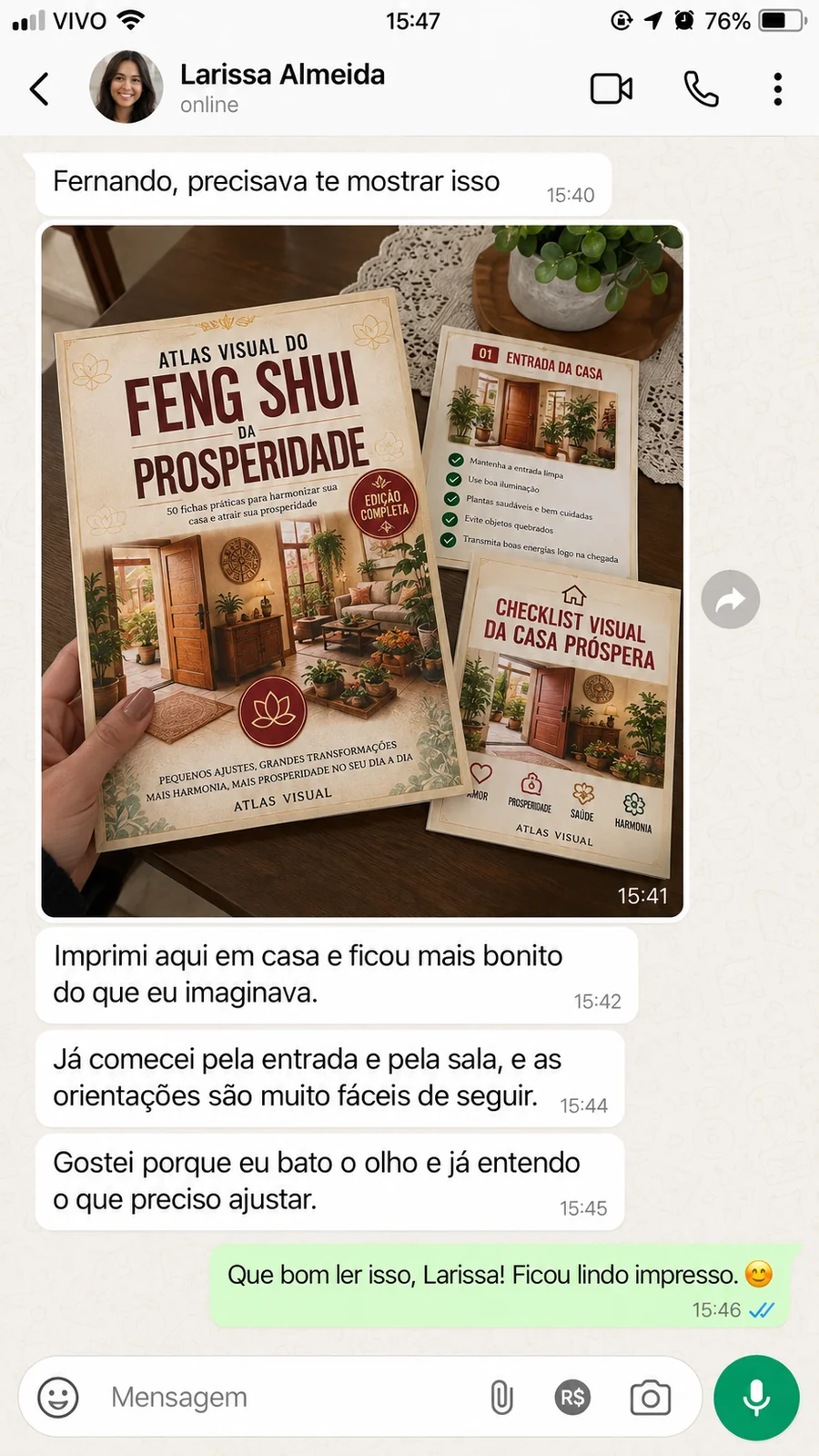 Print de conversa no WhatsApp: relato de Larissa Almeida sobre o Atlas Visual do Feng Shui da Prosperidade